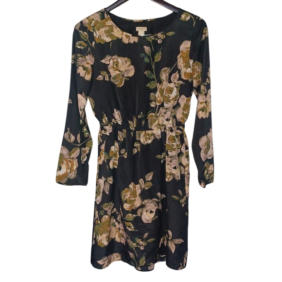 J. Crew Women's Long Sleeve Midi Floral Dress Black and Olive blush Size 0 - Picture 1 of 10